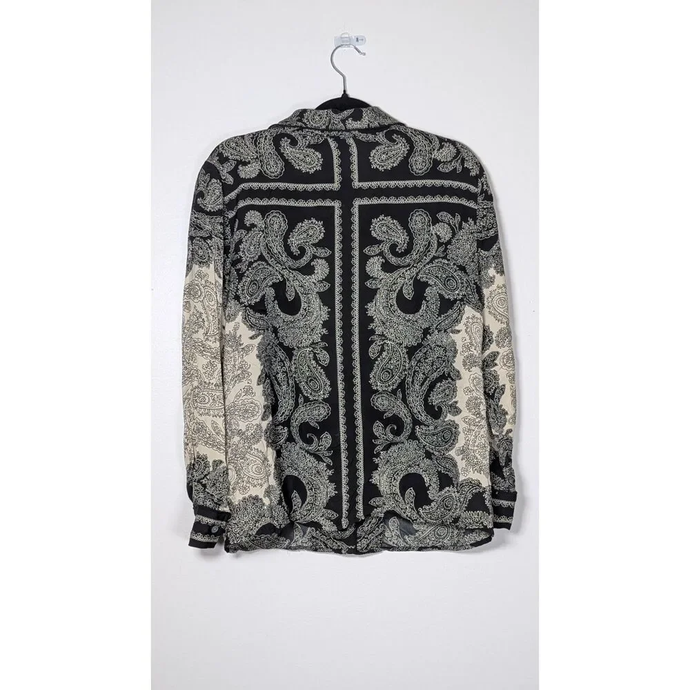 J.Crew Paisley Scarf Print Drapey Camp Collar Shirt M Boho Chic Black Cream